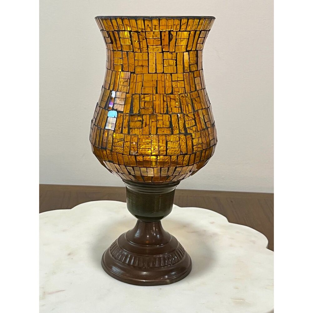 Vintage Amber Mosaic Glass Hurricane Candle Holder Pedestal Boho Gothic Decor